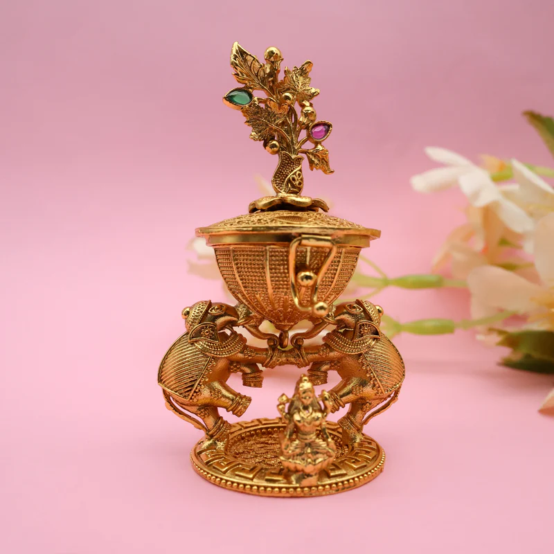 Antique Gold Tall Royal Elephants Kumkum Box